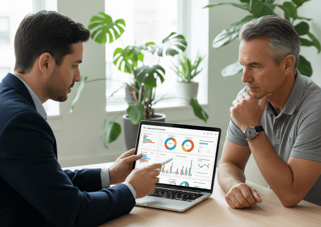Consultor financiero mostrando dashboard interactivo en laptop a empresario, con gráficos de flujo de caja y reportes personalizados, ambiente de oficina moderna con plantas
