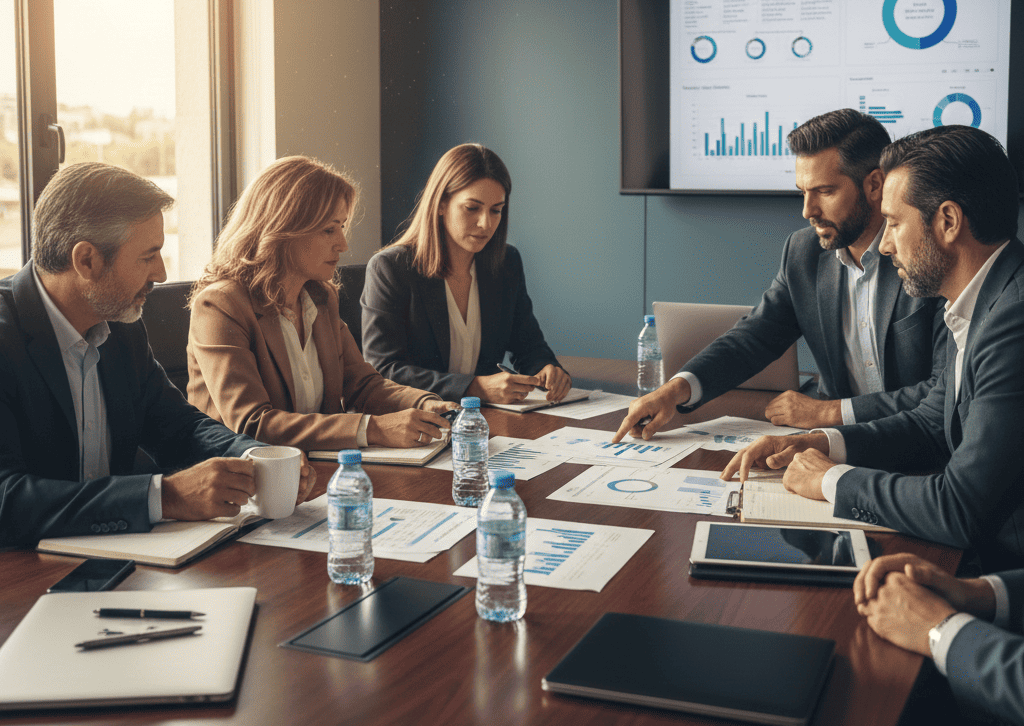 Reunión de equipo directivo en sala de juntas, con propietarios de empresa familiar, CFO y asesores analizando documentos financieros sobre mesa de madera, ambiente profesional y colaborativo