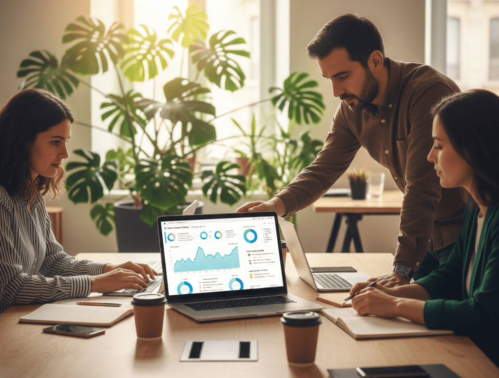 Equipo de consultores trabajando en laptop mostrando dashboard de gestión de tesorería con gráficos de flujo de caja, proyecciones financieras y alertas en tiempo real, ambiente de oficina colaborativo